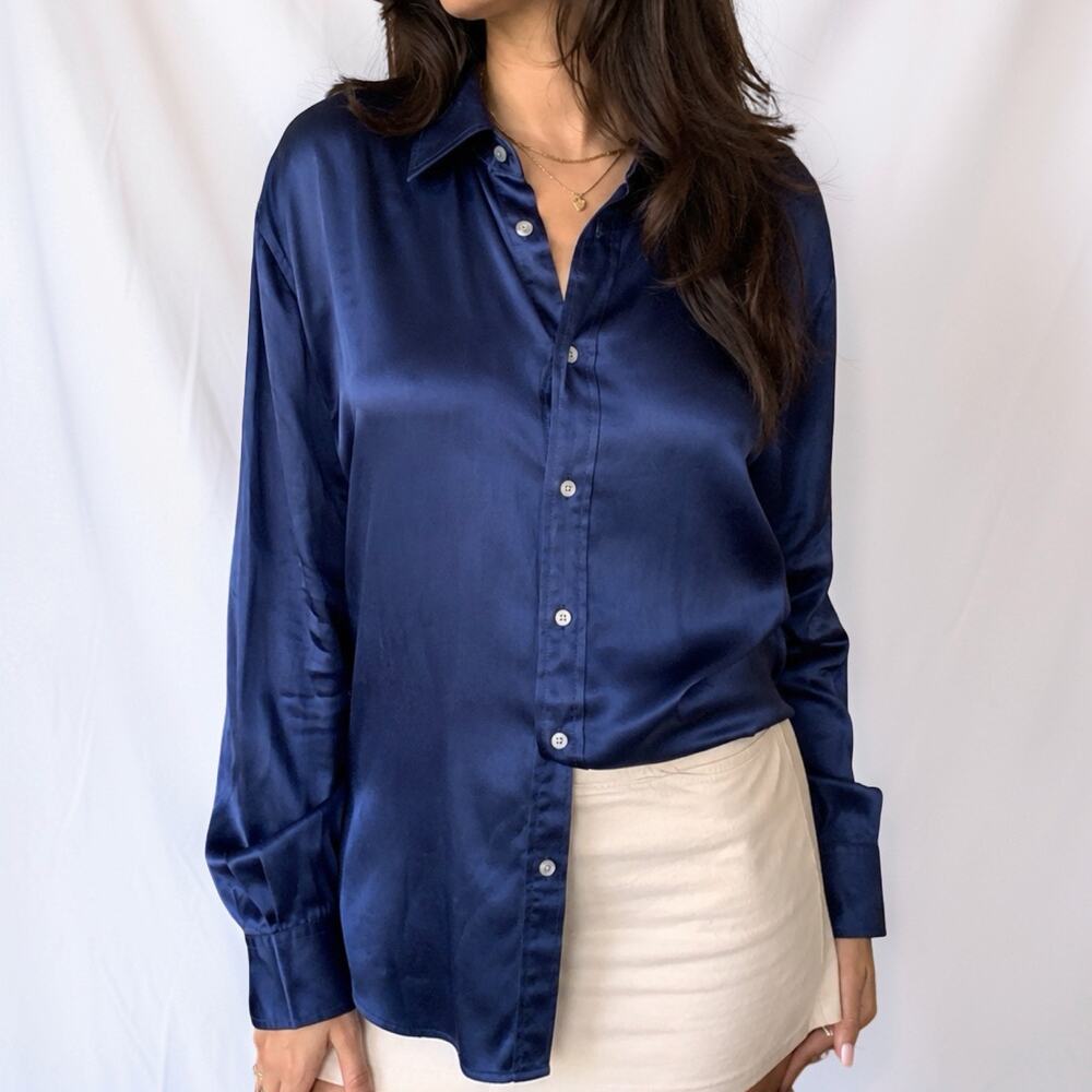 Polo Ralph Lauren Navy 100% Mulberry Silk Satin Button-Down Shirt Size 12